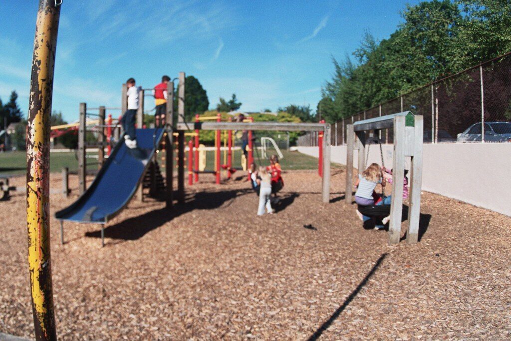 Grout school playground, bright sun