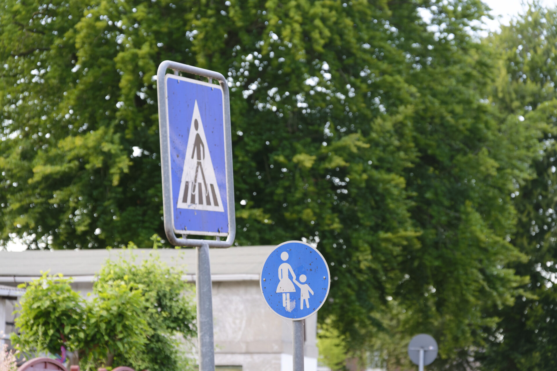 Blue pedestrian sign with children pedestrian zone marker